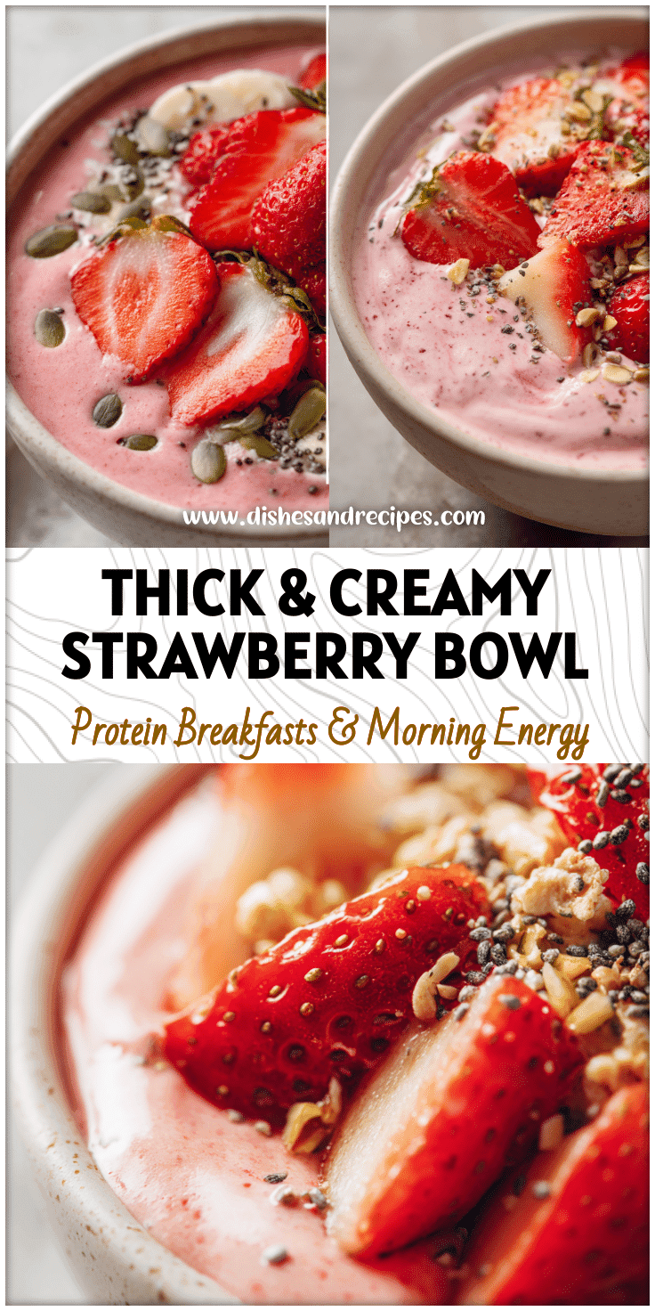 A thick Strawberry Protein Smoothie Bowl topped with fruit and seeds, showing a Homemade Smoothie Bowl made from a Blender Smoothie.